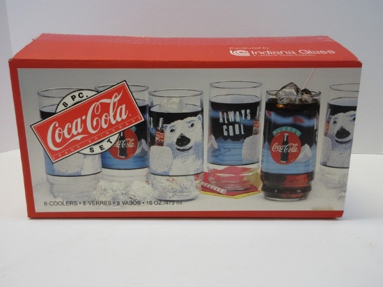 Indiana Glass Coca-Cola Brand Drinkware 8 pc. Set Coolers Tumblers 16 Oz In Original Box