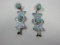 Pair Navajo Artist Eli Skeets Sterling Double Turquoise Dangle Pierced Earrings Incised Design