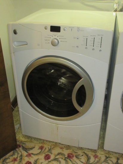 White G.E. Front Load Washer w/ Delay Start, Basket Clean, Extra Rinse, Multiply Settings