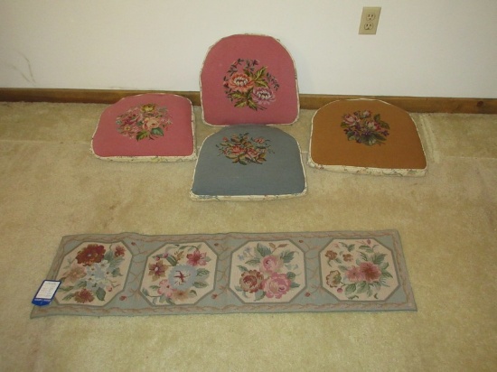 Lot 4 Needlepoint Floral Chair Cushions, Temple of Heaven Beijing Carpet Table Runner