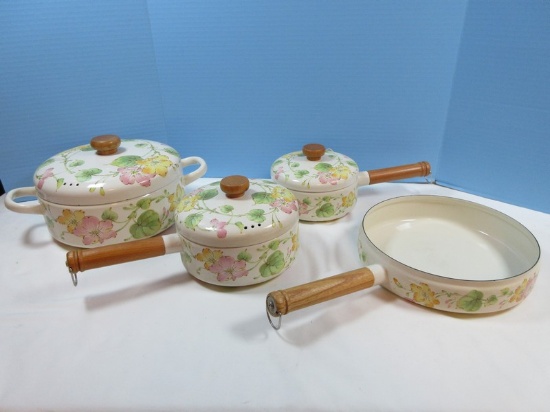 7pc. Cookware Pots & Pans w/Lids Metal Enamel Flowering Vines Wooden Handles Like New