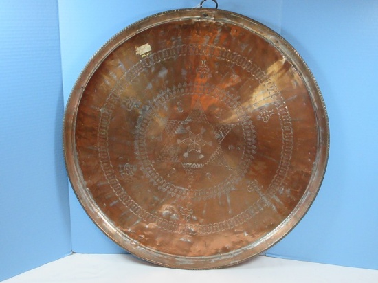 Large 27 1/2" D Hand Stamped Copper Tray Charger Star Center Medallion Rolled Edge