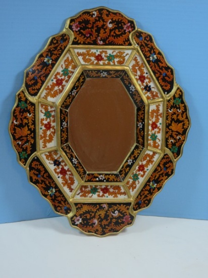 Striking Reverse Painted Asian Design Scroll Foliage, Flowers & Birds Center Mirror Framed?