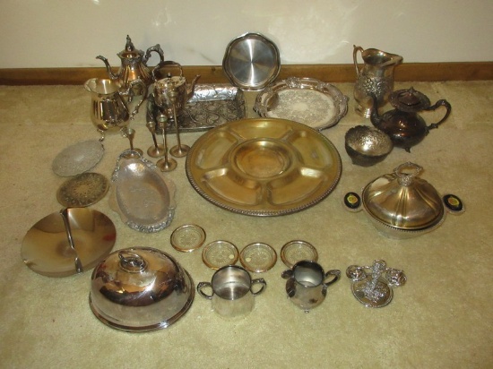 Lot Misc Silverplate/Stainless/Aluminum Embossed Serving Pieces, Engraved Tray, Teapot &?.