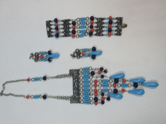 4pc. Coral, Turquoise & Lapis Lazuli Gemstones Fashion Jewelry Fringe Brutalist Necklace, ??