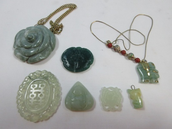 Lot Carved Jade Pendant Double Happiness Chinese Symbol, Reversable Pendant Horse/Cross