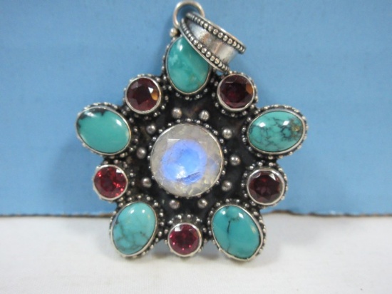 925 Sterling Turquoise Cabochon, Amethyst Rhinestone & Center Iridescent Stone Pendant