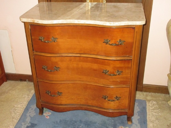 French Inspired Serpentine Bachelor's Chest/3 Drawer Night Stand w/ Portugal Marble Top