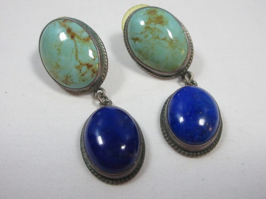 Pair 925 Sterling Turquoise & Lapis Dangle Pierced Earrings