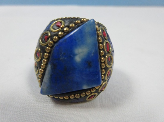 Unique Middle Eastern Lapis & Coral Accent Statement Ring Size 9
