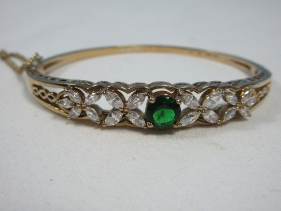 Stamped 925 Sterling Gold Overlay CZ & Simulated Emerald Center Stone Hinged Bracelet