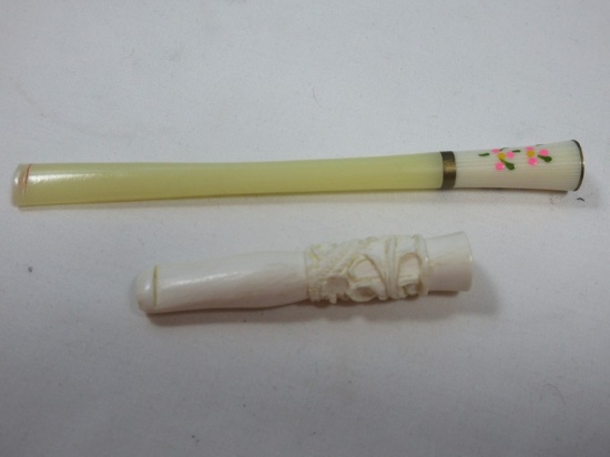 2 1/2"L Hand Carved Bone Cigarette Holder & Hand Painted Formal 4 5/8" Theatre/Opera Cig