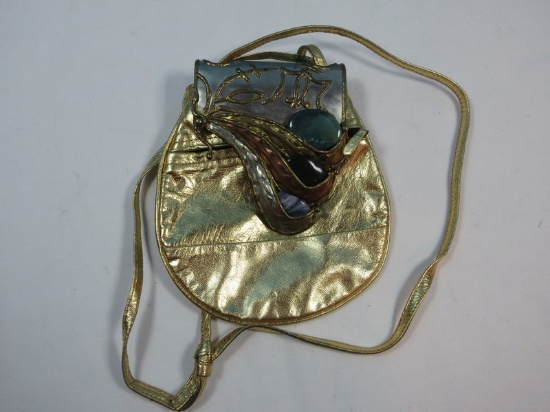 Unique Genuine Leather Gold Metallic Evening Bag/Purse Mixed Metal Accent w/3 Polished