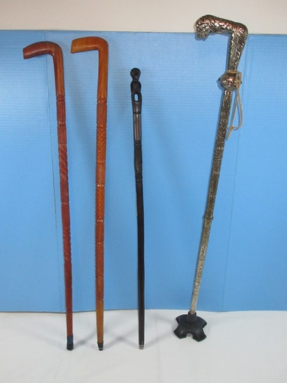 Lot Hand Carved Ebony Wooden 33 1/2" Walking Stick w/COA, 2 Hand Crafted Wooden Carved..