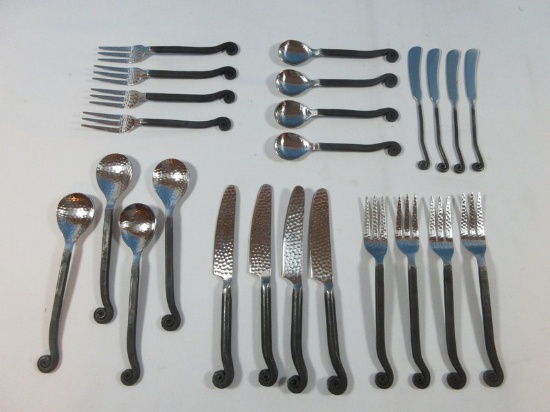 24pc Unique Rustic Fiddlehead Blackened Oxidized 18/10 Stainless Flatware w/Hammered?.