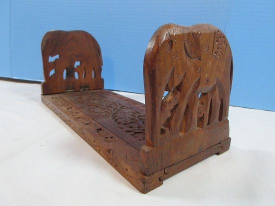 India Folk Art Carved Sheesham Wood Figural Elephants Adjustable Slide Bookends