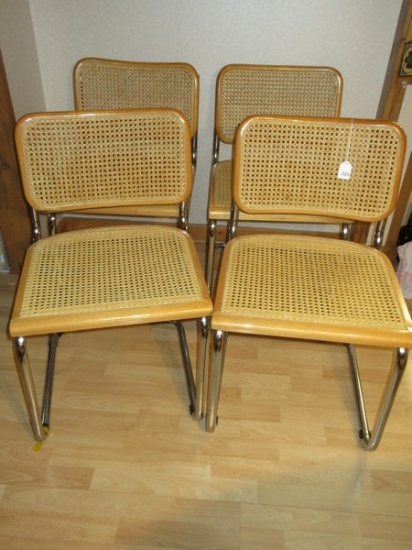 Set of 4 Mid Century Modern Cesca Style Chairs Chrome Frame Woven Cane Back/Seat & Wood