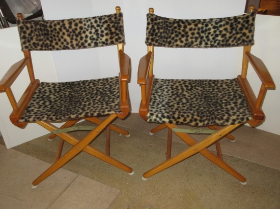 Pair Wooden Folding Director's Chairs Faux Leopard Print Back/Seat