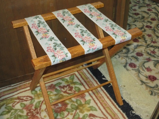 Oak Folding Luggage and Baggage Rack Stand Floral Needlework Straps