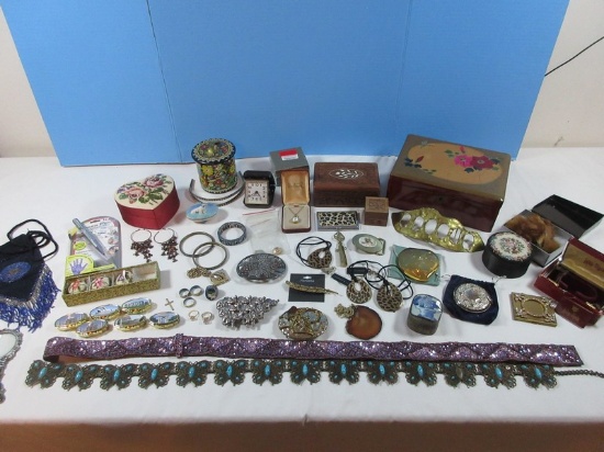 Fashion Jewelry 1928, Natasha Brooch, Filigree Butterfly Belt, Calling Card Base, Compact, Belt