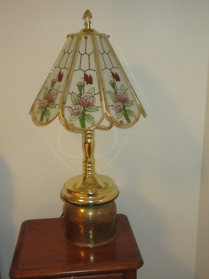 Retro Brass Tone3 Arm 28" Touch Table Lamp 3-Way w/ Glass Stem Rose/Butterfly Panels