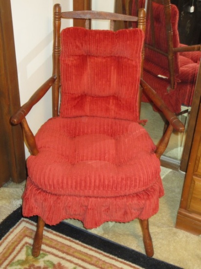 Vintage Maple Occasional Arm Chair w/ Upholstered Tuted Back/Seat Padded Cushions