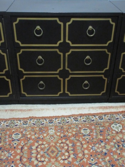 Spectacular Hollywood Regency Black and Gold Trim Dorothy Draper Style 3 Drawer Chest
