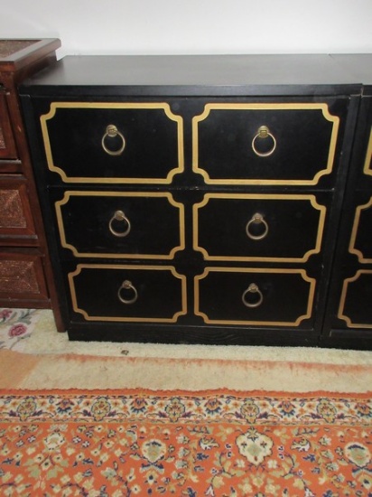 Spectacular Hollywood Regency Black and Gold Trim Dorothy Draper Style 3 Drawer Chest
