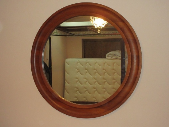Stately 39" Round Walnut Frame Wall Mirror Postmodern Design