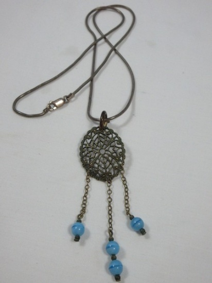 Italy 925 Sterling Snake Chain Necklace w/ Filigree Pendant Dangle Turquoise Beads