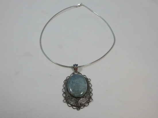 Italy 925 Sterling Spiral Chain Choker Necklace w/ 925 Sterling Victorian Era Style Cabochon