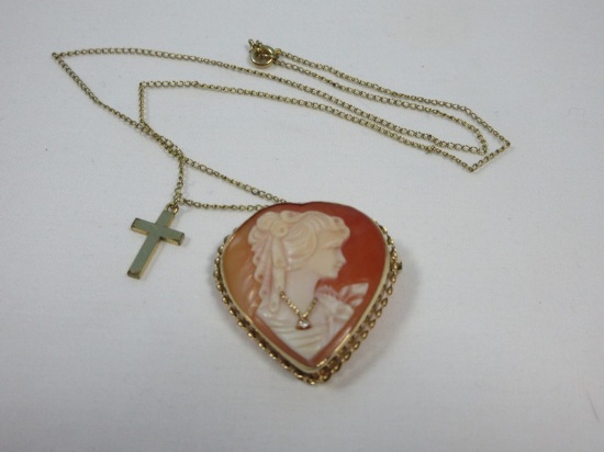 Gorgeous 585=14 Karat Gold Cameo Heart Pendant Brooch Makers Mark APA on Necklace