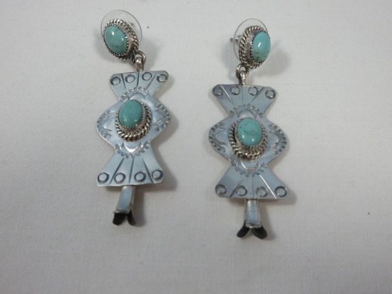 Pair Navajo Artist Eli Skeets Sterling Double Turquoise Dangle Pierced Earrings Incised Design