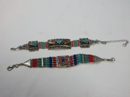2 Tibetan Jewelry Hand Crafted Traditional Design Bracelets Turquoise Coral and Lapis Lazuli