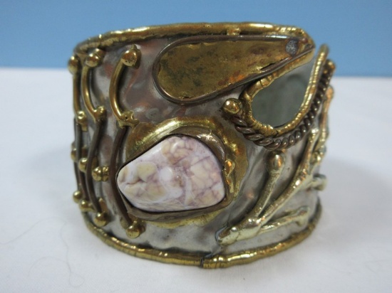 Brutalist Modernist Abstract Mixed Metal Bracelet Cuff w/ Unique Polished Gemstone