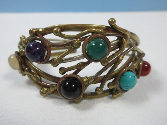 Artisan Designer Jewelry Complex Cuff Bracelet w/ Multi Gemstones Setting Turquoise