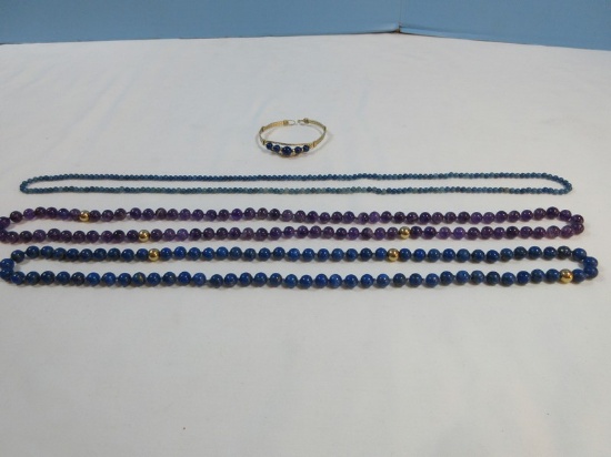 Lot Banded Amethyst Beaded Necklace Beaded Lapis Lazuli Necklace with Gold Tone Bracelet