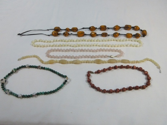 Lot Unique Mother of Pearl Beaded Necklace, Malachite, Cloisonne Beaded Strand, Rose Quartz