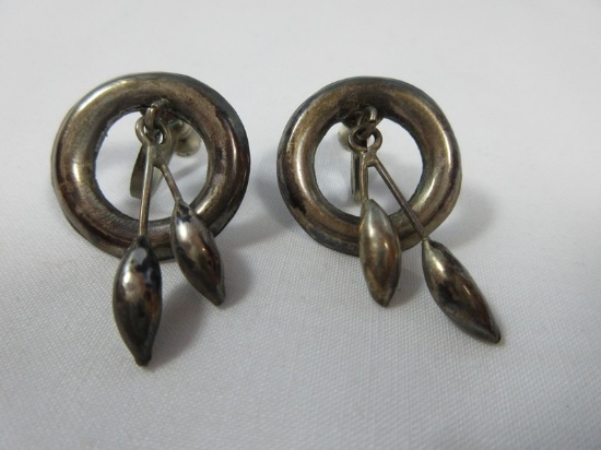 Vintage "Far Fan" Silver Factory Circular Dangle Pair Turn Back Earrings in Original Box