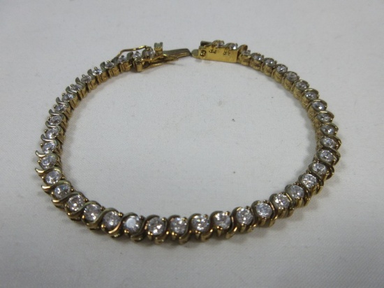 Stamped 925 Sterling w/Gold Overlay Cubic Zirconia Tennis Bracelet 7"L