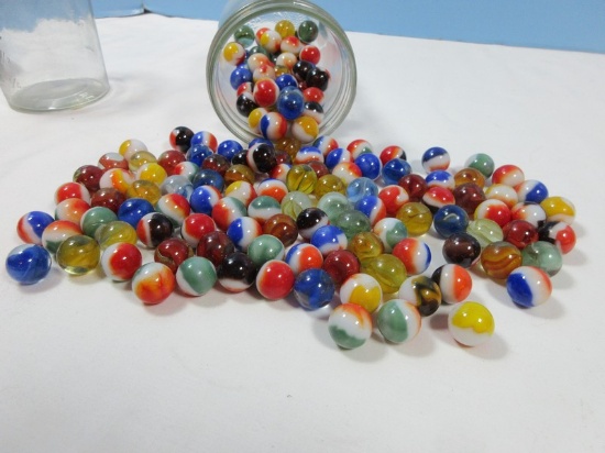 Marble Collection in Glass Jars Cats Eye, Milk Glass Multi Colors, etc..