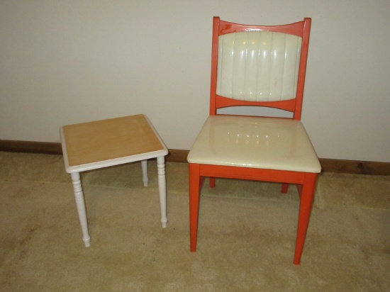 Bassett Furniture Groovy Retro Orange Chair White Vinyl Padded Back/Seat & Side Accent table