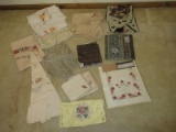 Lot Colorful Linen Floral Cross-Stitch Table Cloth w/Napkins, Embroidery/Lace Round Linen Table