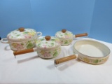 7pc. Cookware Pots & Pans w/Lids Metal Enamel Flowering Vines Wooden Handles Like New