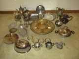Lot Misc Silverplate/Stainless/Aluminum Embossed Serving Pieces, Engraved Tray, Teapot &?.