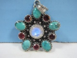925 Sterling Turquoise Cabochon, Amethyst Rhinestone & Center Iridescent Stone Pendant