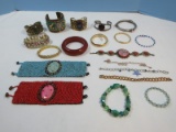 Lot Misc Lady's Bracelets Beaded Tibetan Design Cuff, Obsidian Mahogany Cabochon Cuff, Scroll..