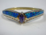 Bobby Dazzler Stamped A.K. 925 Sterling Gold Overlay Synthetic Opal Bangle Hinged Bracelet ?
