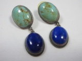 Pair 925 Sterling Turquoise & Lapis Dangle Pierced Earrings