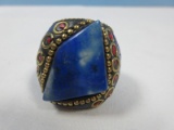 Unique Middle Eastern Lapis & Coral Accent Statement Ring Size 9